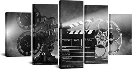 LevvArts Lienzo grande de 5 piezas de arte de pared clásico de la vieja moda, carretes de película, póster conceptual de cine, imágenes en blanco y
