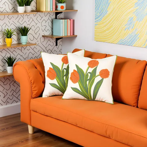 Miniatura 7 de Fundas de almohada bordadas de 16 x 16 pulgadas, paquete de 2 fundas de almohada de tulipán naranja con diseño floral de primavera, fundas