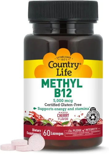 Country Life Metil B12, soporta energía y resistencia, 5,000 mcg, 60 pastillas, certificado sin gluten, certificado vegano, certificado sin OMG