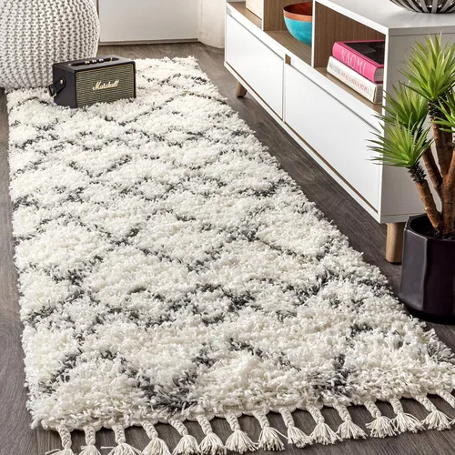 Miniatura 11 de Eyely RCM102A-28 Mercer SHAG - Alfombra de pasillo para interiores con borlas, marroquí, tribal, geométrica, enrejado, contemporánea; bohemio, Azul