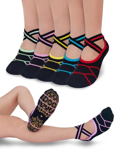 RATIVE X-Cross Straps Anti Slip Non Skid Barre Yoga Pilates Hospital Socks with grips for Mens Womens