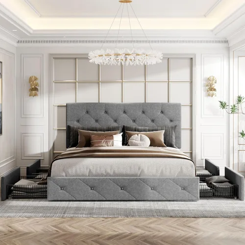 Miniatura 4 de HOOMIC Base de cama de almacenamiento de plataforma de tamaño matrimonial con 4 cajones y cabecera ajustable, listones de madera, no necesita Gris