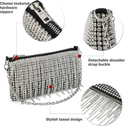 Miniatura 6 de Bolso cruzado de diamantes de imitación brillantes para mujer, con borla, cadena plateada, para fiesta de graduación de noche, fiesta
