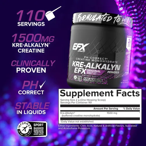 Miniatura 3 de EFX Sports Kre-Alkalyn EFX Powder Suplemento en polvo de monohidrato de creatina con pH correcto Fuerza, crecimiento muscular y rendimiento