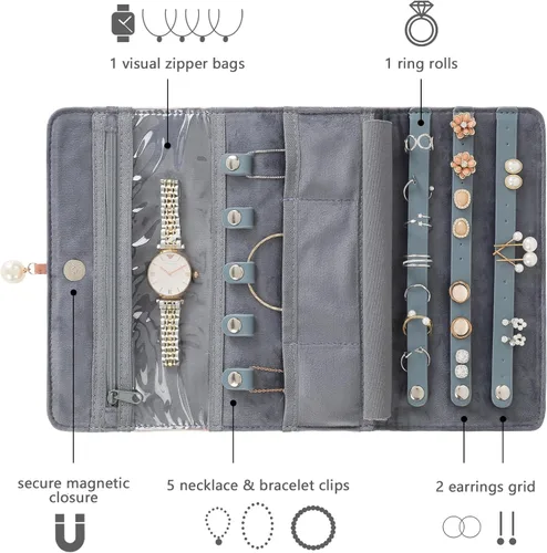 Miniatura 2 de HOMEHIVE Rollo organizador de joyas de viaje plegable, exquisito organizador de joyas portátil para collares de viaje, anillos, aretes, relojes