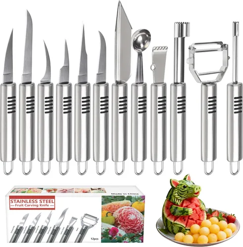 Miniatura 8 de BURLIHOME Juego de cuchillos de tallado de frutas de acero inoxidable, paquete de 5 cuchillas de grabado para vegetales para la cocina, cuchara