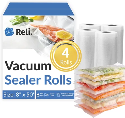 Reli. Bolsas selladoras al vacío – 4 rollos de 8 x 50 pies | 4 rollos a granel – 200 pies en total | Sellador al vacío de 8 pulgadas x 50 pies para