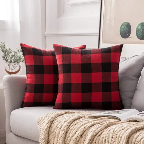 Miniatura 9 de MIULEE - Paquete de 2 fundas de almohada decorativas clásicas de Navidad de lino y poliéster a cuadros de granja, color negro sólido y rojo