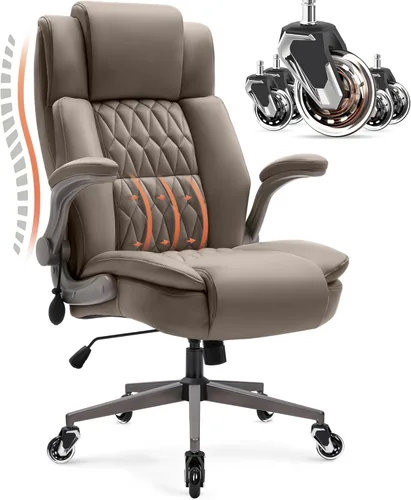 Silla de oficina grande con respaldo alto, soporte lumbar ajustable, brazos abatibles, ruedas silenciosas resistentes, base de metal, cuero Caqui