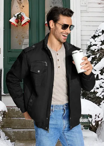 Miniatura 6 de EKLENTSON Chaqueta térmica gruesa de invierno para hombre con múltiples bolsillos con cremallera frontal forro polar chaqueta militar para hombre
