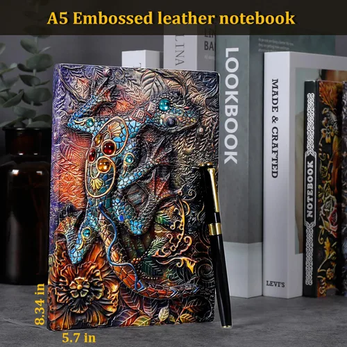 Miniatura 6 de FEIDIAO Cuaderno de Cuero con Relieve de Lagarto Vintage, Cuaderno DND, Diario de Viaje con Bolígrafo y Funda para Bolígrafo, Diario de Cuero PU