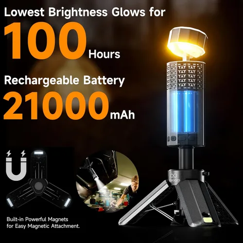 Miniatura 5 de Linterna de camping recargable de 21000mAh, luces de camping telescópicas, linterna de camping magnética plegable con soporte IPX6 impermeable, Negro