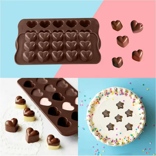Miniatura 6 de 2 moldes de silicona con forma de corazón y estrella, 15 cavidades para chocolate, bandejas de cubitos de hielo, dulces, pasteles, 100 % de grado