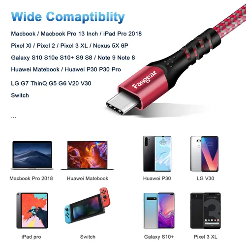 Miniatura 6 de Fasgear Cable USB C a USB C, 1 paquete de cable de carga rápida USB 3.1 tipo C Gen 2 de 10 pies para MacBook Pro 2019, entrega de energía de 100 W