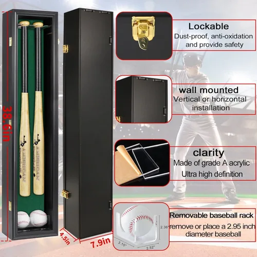 Miniatura 3 de HOROW Vitrina de bate de béisbol, marco de madera con soporte de puerta acrílico transparente, gabinete montado en la pared, caja de sombra vertical