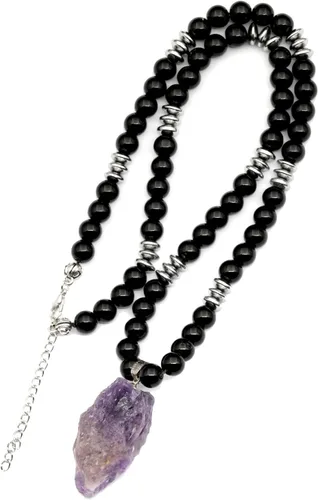 Miniatura 11 de ElisaJewelryArt - Collar unisex con dije de cristal de amatista puntiaguda natural y piedra de ónix negro, con cierre de piedra de Feng Shui, collar