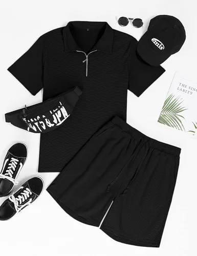 Miniatura 2 de Babioboa Conjunto de camisa polo de manga corta y pantalones cortos para hombre, conjunto de verano de dos piezas con 3 bolsillos con cremallera