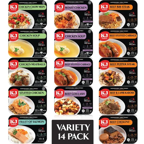 KJ Poultry Comidas Preparadas Kosher - Pollo, Carne de Res y Pescado Salmón (Paquete de 14 Variedades) Entrada Preparada Completamente Cocida,