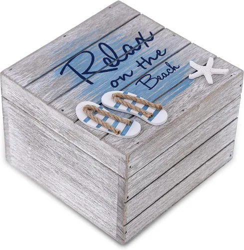 CoTa Global Aqua Sky Relax - Caja de madera grande hecha a mano con sandalias y decoración de estrella de mar, decoración del hogar, organizador de