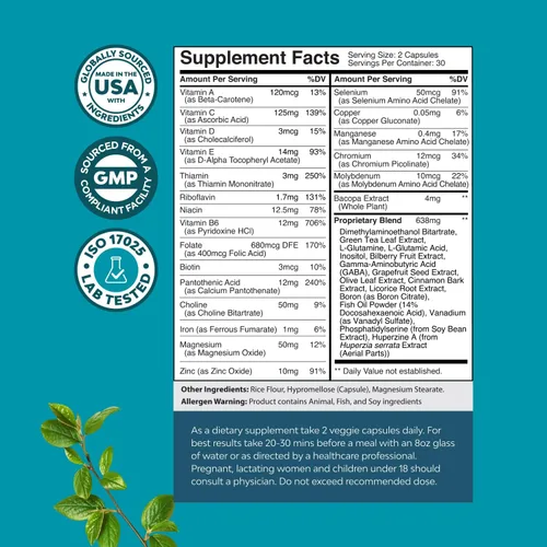 Miniatura 9 de Suplemento cerebral nootrópico para mejorar la memoria y el enfoque, vitaminas para la salud mental y la claridad con VIT A, B6, riboflavina