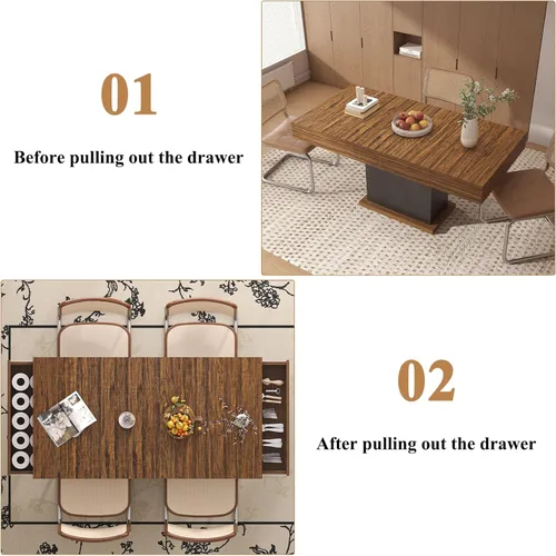 Miniatura 6 de Mesa de comedor con cajones para 4-6 personas, mesa de comedor de 55 pulgadas con luces LED, base de pedestal de madera, mesa de cocina rectangular