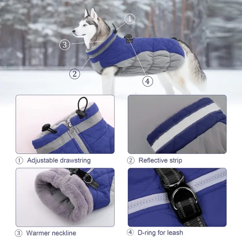 Miniatura 2 de Lelepet Abrigo Cálido para Perro Abrigo de Invierno para Perro Impermeable Chaqueta para Perros con Arnés Incorporado Chaleco de Forro Polar Azul
