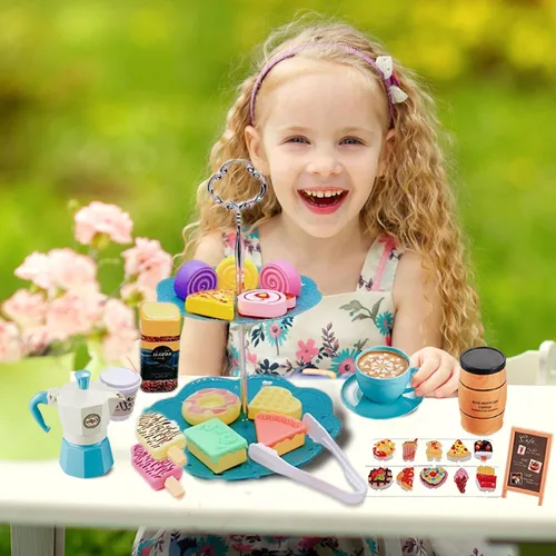 Miniatura 4 de Juego de simulación de fiesta de té para niñas pequeñas, 48 piezas de juego de cafetera y juego de comida postre para niños de 3, 4, 5, 6, 7, 8, 9