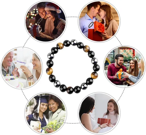 Miniatura 10 de HOZEAL Pulsera de triple protección, brazalete de obsidiana negra con ojo de tigre y hematita para hombres y mujeres, para traer suerte