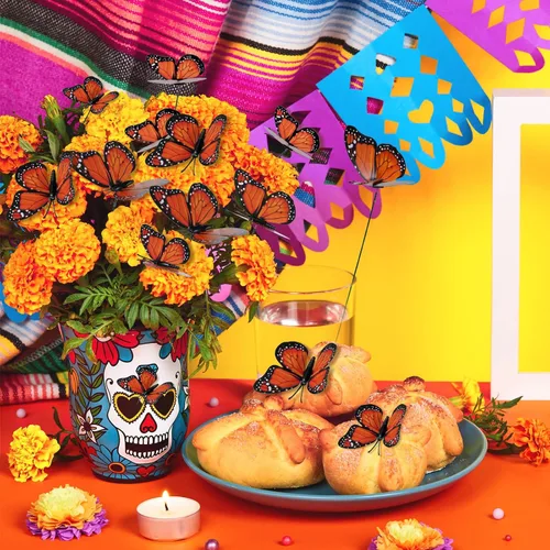 Miniatura 4 de Vicenpal 200 estacas de mariposa monarca, mariposa monarca para el día de los muertos, adornos de jardín impermeables, 4 tamaños diferentes