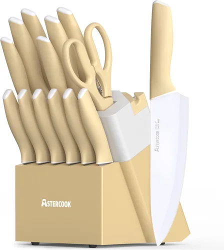 Miniatura 12 de Astercook - Juego de cuchillos de cocina con bloque y afilador de 15 piezas. Cuchillos alemanes de acero inoxidable de alta carbono con Azul