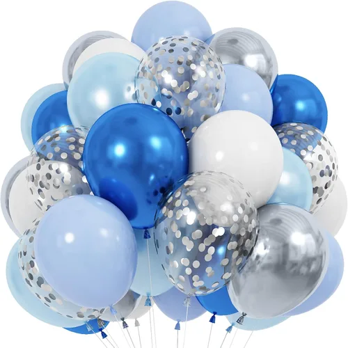 Jobkoo Globos Azules y Blancos, 60 Pzs Globos de Látex Pastel Azul Bebé Plateado de 12 Pulgadas con Globos de Confeti Metálico Globos de Graduación