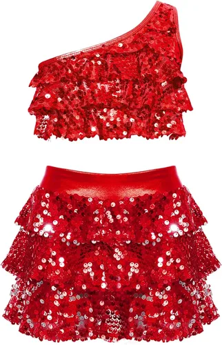 Miniatura 85 de JEATHA Top corto con borlas y lentejuelas brillantes para niñas, con minifalda, jazz latino, salsa, samba, rumba, baile