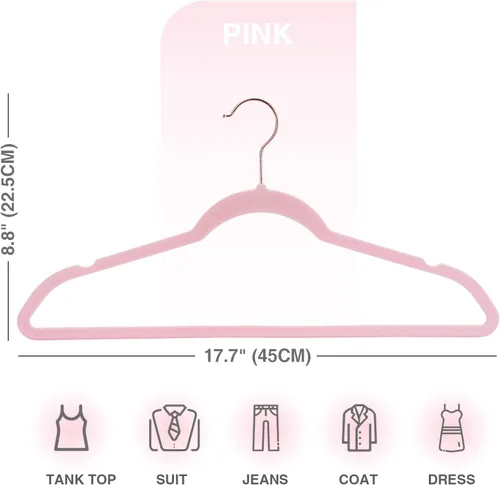 Miniatura 7 de Perchas antideslizantes de terciopelo rosa, paquete de 50, no tóxico, duradero, ahorro de espacio, soporta hasta 15 libras