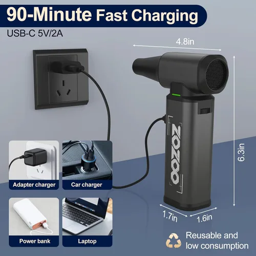 Miniatura 4 de Plumero de aire comprimido, 180000 rpm, potente plumero eléctrico inalámbrico con motor sin escobillas y luz LED, ventilador de polvo recargable