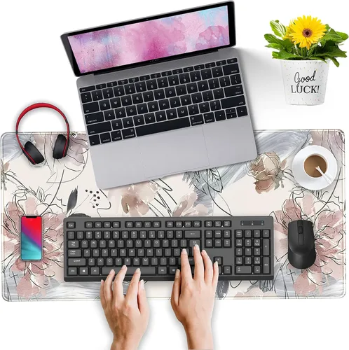 Miniatura 4 de Tapete de escritorio, diseño de flores pintadas a mano con diseño de abstracción (31.5 x 15.75 pulgadas), bonita alfombrilla de mouse grande