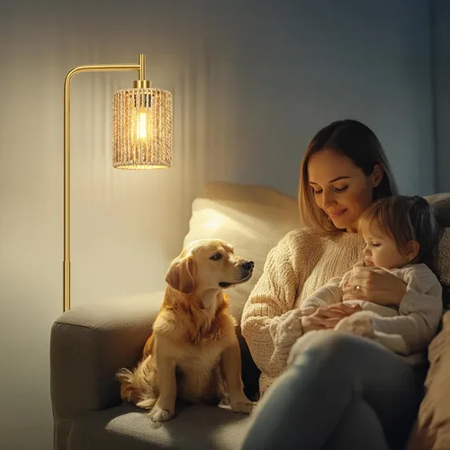 Miniatura 6 de Oneach Lámpara de pie dorada de 66 pulgadas para sala de estar, lámpara de pie bohemia con bombilla LED, interruptor de pie, pantalla de ratán, Oro