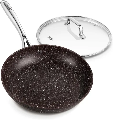 Sartén antiadherente de 10 pulgadas con tapa, sartén de mármol marrón con revestimiento derivado de piedra, sin APEO ni PFOA, con mango resistente