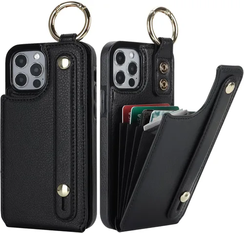Folosu Funda tipo cartera para iPhone 12/12 Pro con soporte para tarjetas, correa de mano para muñeca, soporte de bucle, bloqueo RFID, anillo de