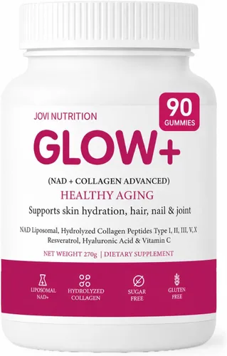 Jovi Nutrition Glow+ NAD+ y gomitas de colágeno, péptidos de colágeno hidrolizados multitipo con resveratrol, 90 unidades
