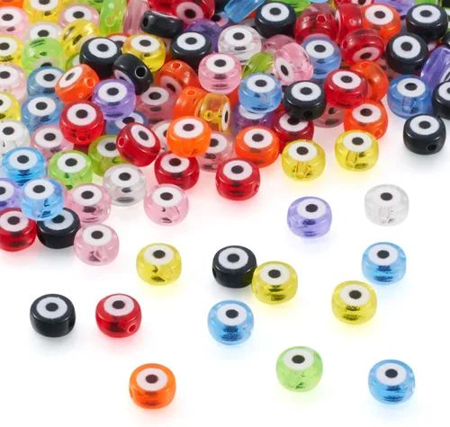 Miniatura 7 de Craftdady 180 cuentas planas redondas acrílicas de ojo malvado de 9 colores, cuentas de ojo de sabiduría de la suerte, cuentas espaciadoras sueltas
