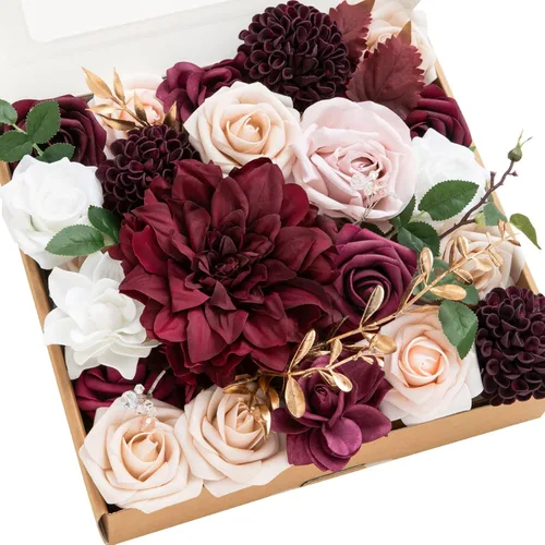 Miniatura 10 de Ling's moment Caja de flores falsas, tallos de vegetación artificiales artificiales, rosas de espuma, peonías de seda de dalia, eucalipto, flor Rosa