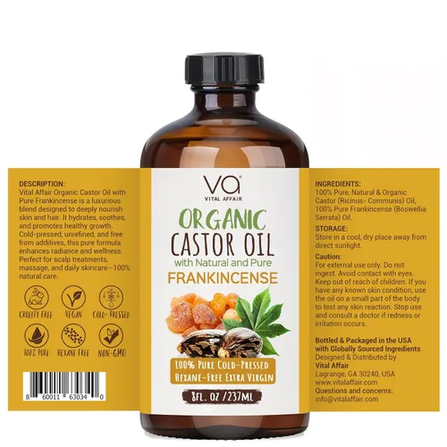 Miniatura 6 de VITAL AFFAIR Aceite orgánico de mezcla de ricino e incienso - 100% puro y natural, prensado en frío, sin refinar en botella de vidrio. Aceite