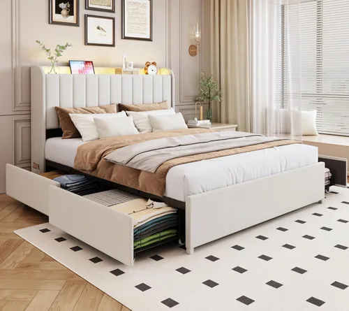 Miniatura 14 de Marco de cama completa con 4 cajones y cabecera de almacenamiento, marco de cama de plataforma tapizada tamaño completo con luces LED y práctica
