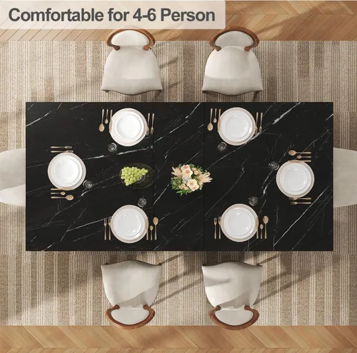 Miniatura 5 de LVB Mesa de comedor para 6, 71 pulgadas, rectangular de mármol sintético negro, mesa de comedor moderna de madera de ingeniería industrial