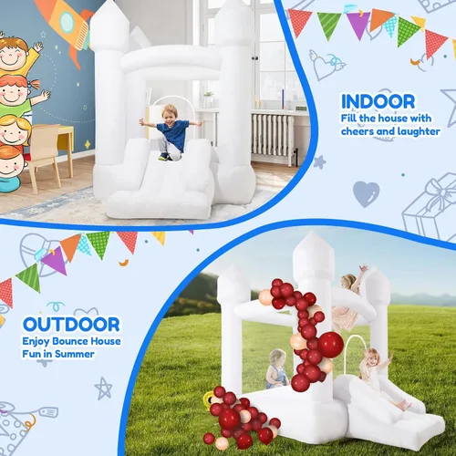 Miniatura 2 de Casa de rebote blanca, casa inflable con tobogán y soplador, castillo animoso blanco para niños en interiores y exteriores, regalos ideales