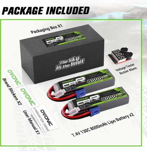 Miniatura 6 de OVONIC 2S LiPo Batería 8000mAh 7.4V 130C RC Batería con conector EC5 (paquete de 2) (con comprobador de voltaje Lipo)