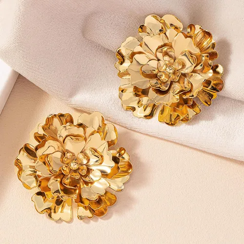 Miniatura 3 de Aretes de flor dorada para mujer, diseño floral bohemio en capas, aretes de flor grande
