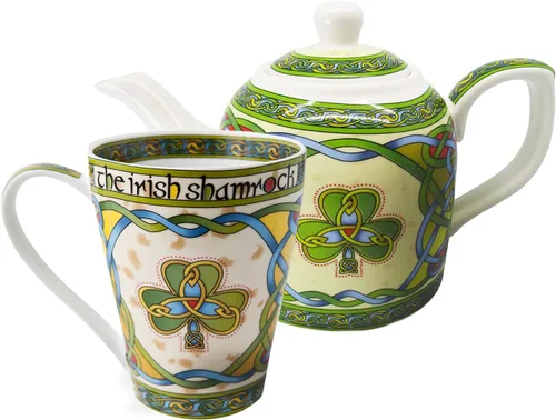 Royal Tara Juego de 1 taza de café de trébol irlandés con diseño de nudos celtas y 1 tetera de porcelana de trébol, tetera irlandesa con nudo celta