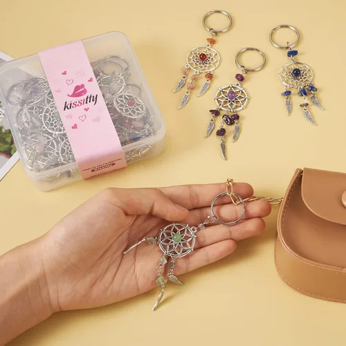 Miniatura 4 de KISSITTY 20 dijes de atrapasueños de piedras preciosas naturales, mezcla de adornos colgantes hechos a mano, llavero colgante, alas de ángel