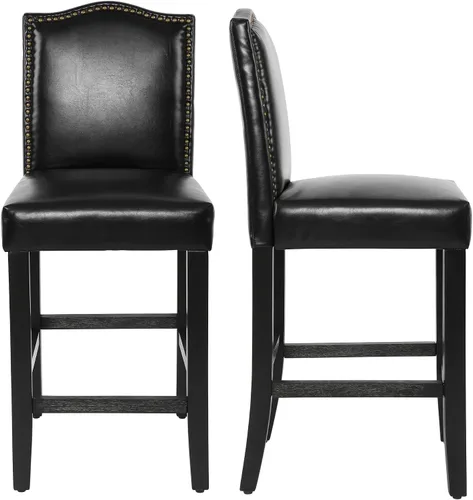 Miniatura 17 de LSSPAID Juego de 2 taburetes de bar, de 28.5 pulgadas, modernos tapizados de tela, taburetes de bar con respaldo de cabeza de clavo y patas de Beige